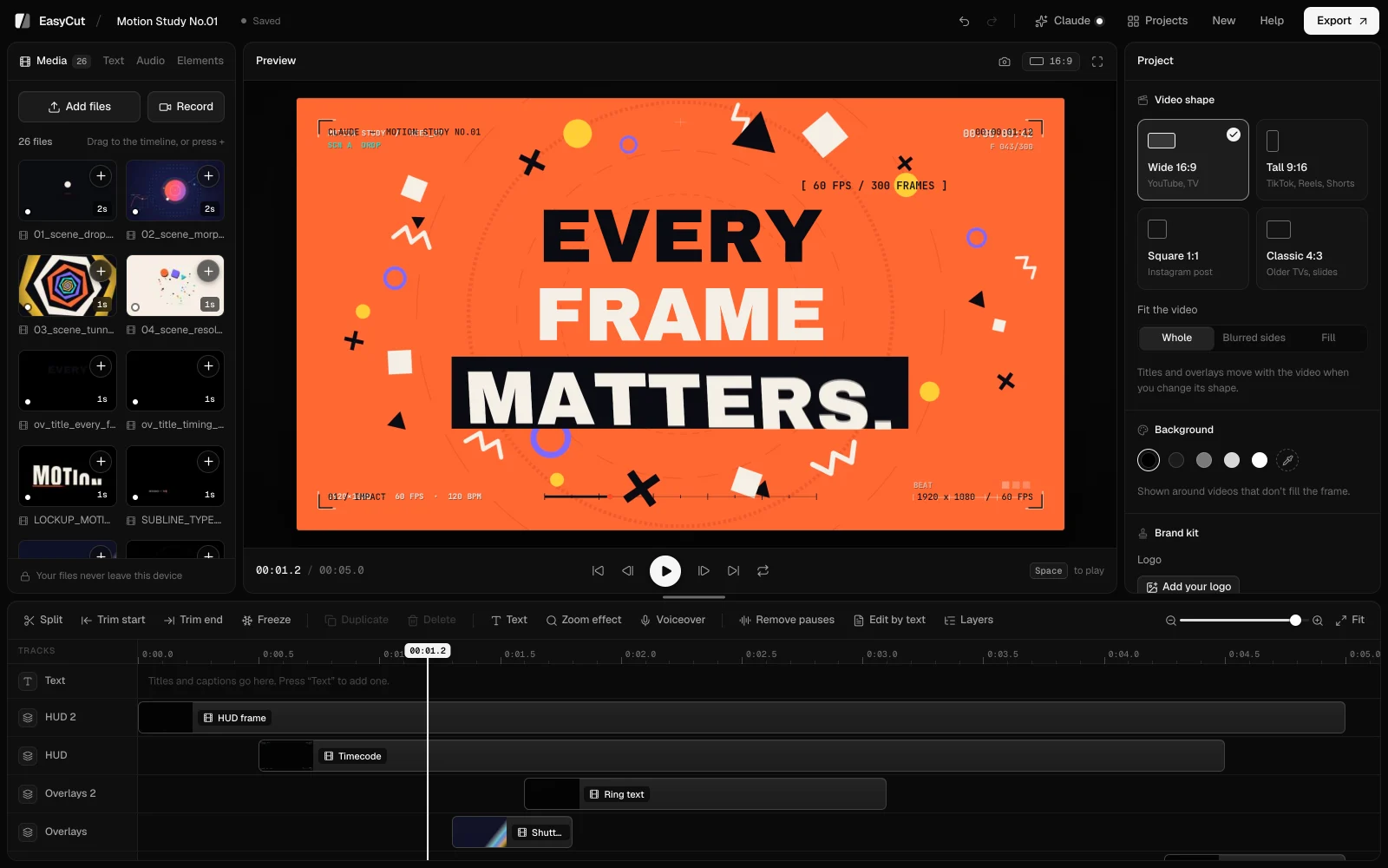 A motion video made by Claude, open in EasyCut: the preview shows the title EVERY FRAME MATTERS, and the timeline below has each title, scene and sound on its own track