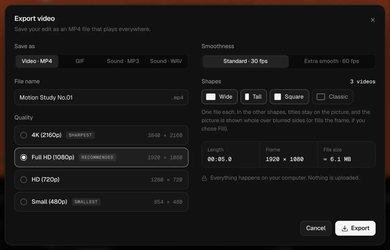 EasyCut's Export dialog, with Wide, Tall and Square ticked: three videos from one export