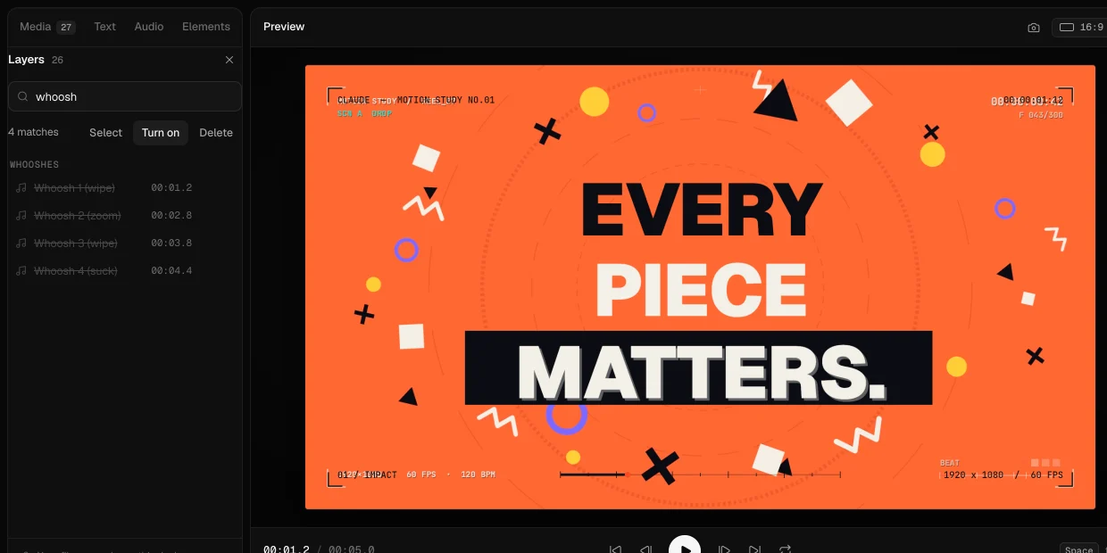 The Layers panel in EasyCut, searching for whoosh: four whoosh sounds found and turned off at once
