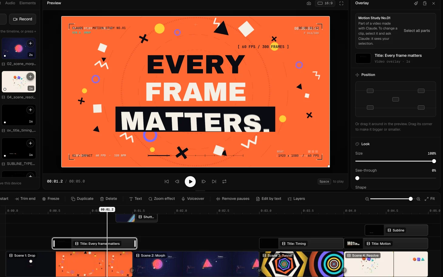 A title clip selected in EasyCut's timeline, with the preview showing EVERY FRAME MATTERS