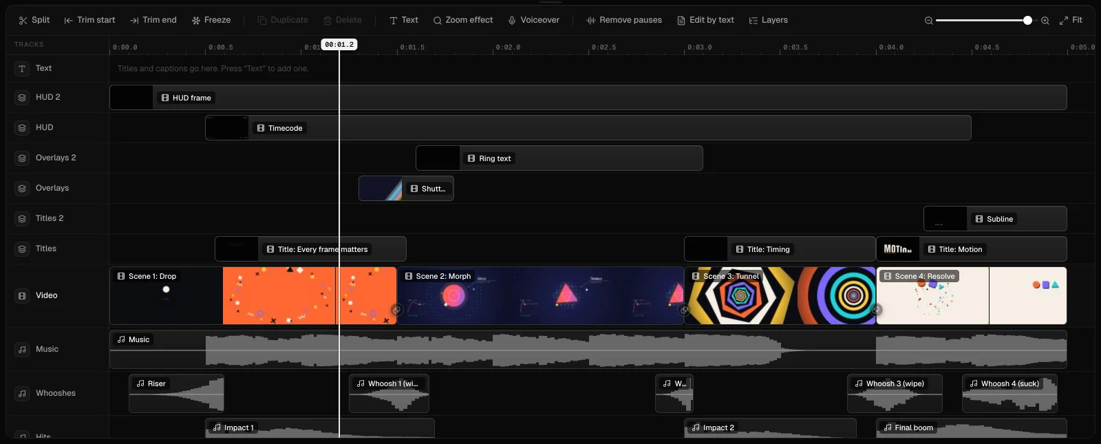 The EasyCut timeline with Claude's video: tracks for the HUD, overlays, titles, the four scenes, the music, and the whooshes, each part a separate clip